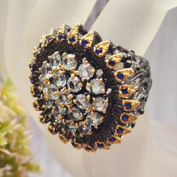 Blue Topaz Encrusted Sunflower Floral Statement 925 Silver Multi Ring Sz. 6.5 - Picture 4 of 9